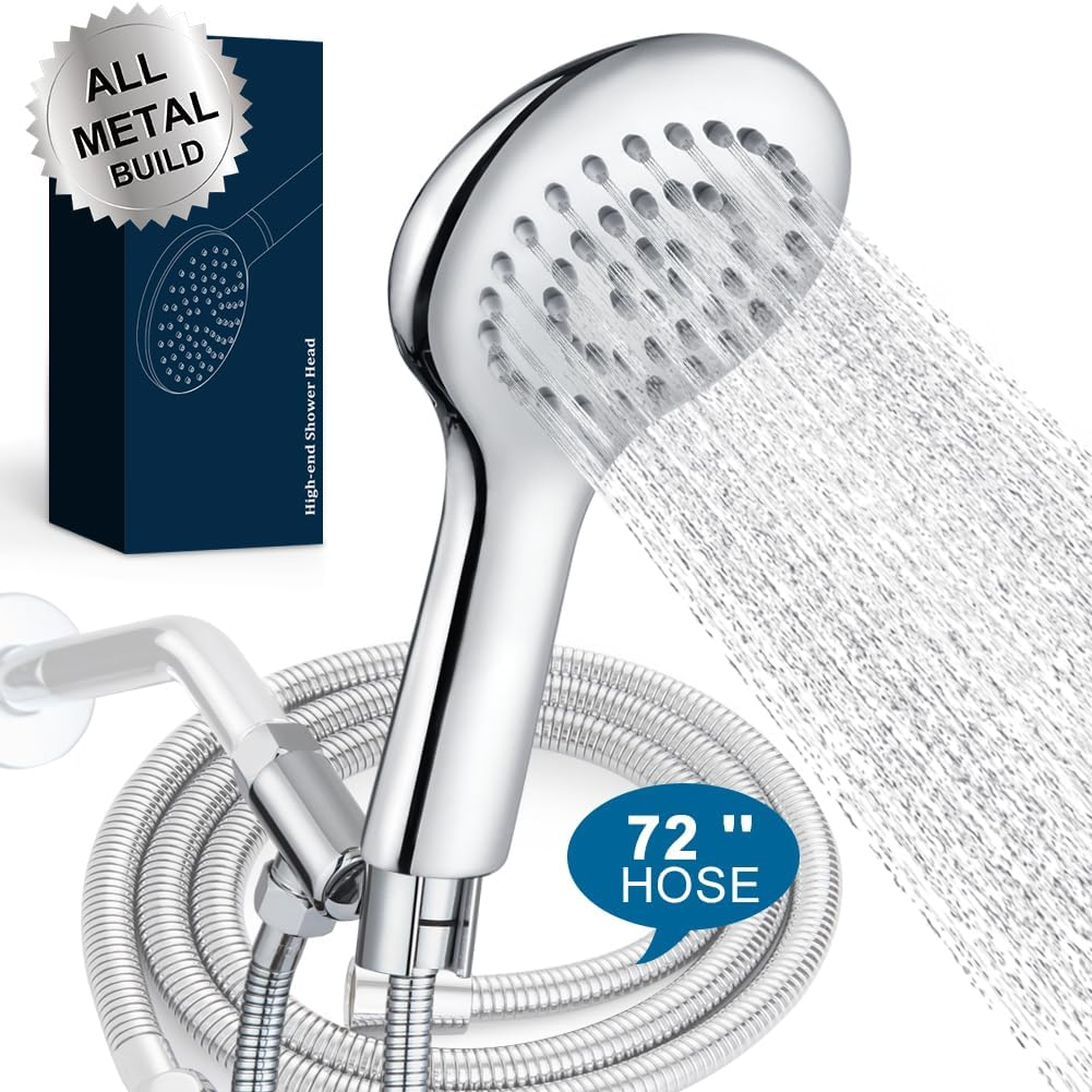 ALL METAL Shower Head with Handheld Chrome, High Pressure Showerheads with 72''