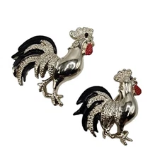 Vintage Rooster Chicken Gerrys Signed Silver Tone Enamel Designer Farm Bird Gift