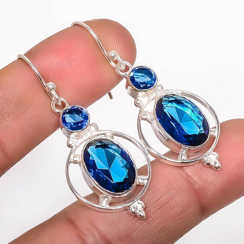 Blue Sapphire (Simulated) 925 Sterling Silver Handmade Earring 1.87" A327