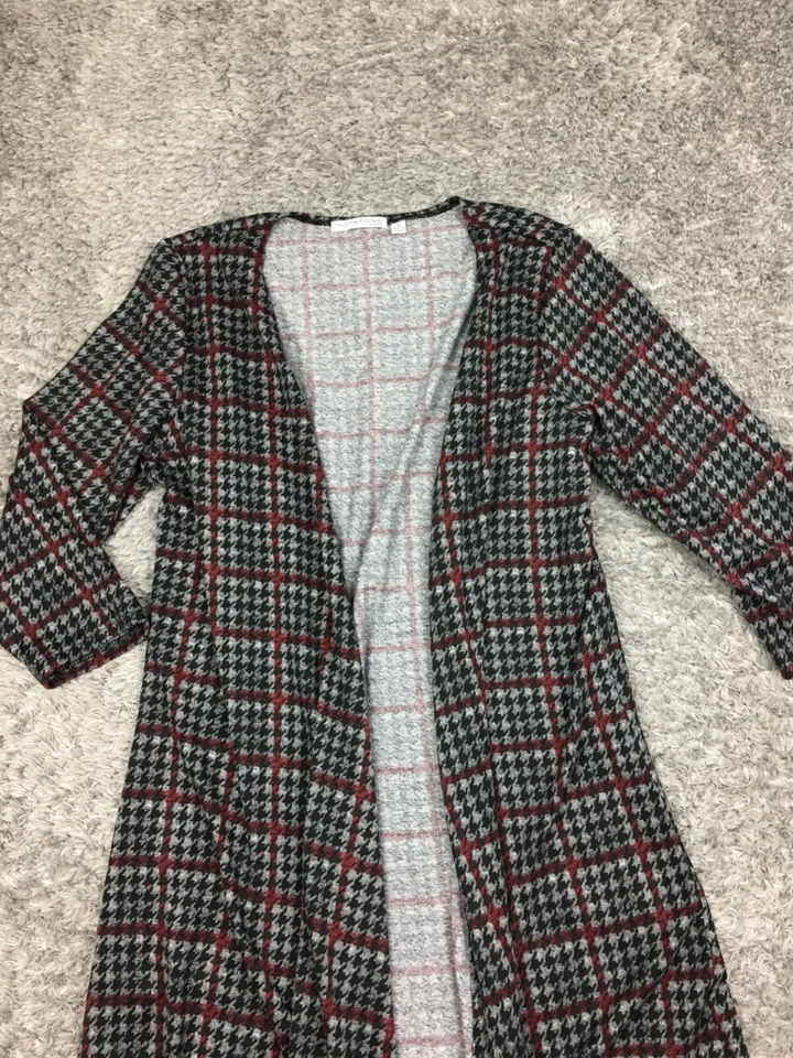 Notations Duster Jacket Womens Size 1X Plus Gray Red Plaid Open Front WHAR0265 - Image 2 of 4