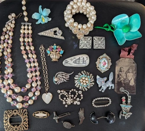 Antique Art Deco Vintage Estate Jewelry Bakelite  Ancient Silver Fibula Pin