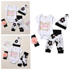 Newborn Baby Girls Crew Neck Romper Pants Cute Headband Hat Infant Outfit Set
