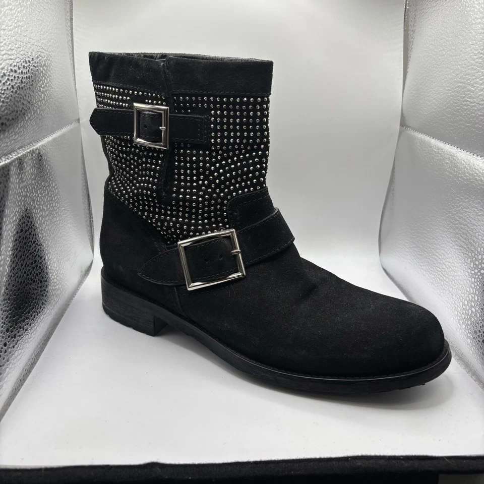 $1095 JIMMY CHOO Black Suede YOUTH Studded Biker Moto Boots Sz 11 IT 41 - Image 2 of 4
