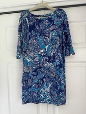 Lilly Pulitzer Girls Dress L 8-10 Blue Floral Sleeves Gold Buttons
