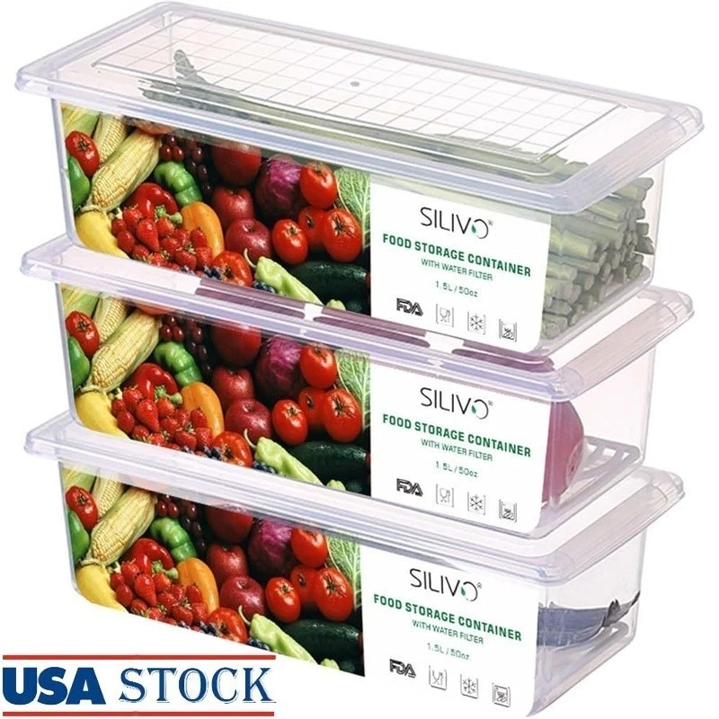 BPA Free Produce Storage Containers W/ Water Drain Tray Fridge Organization New