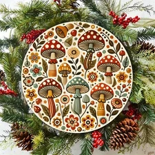 1pc 7.87x7.87 Inch Round Aluminum Metal Wall Art - Mushroom & Floral Carving Des