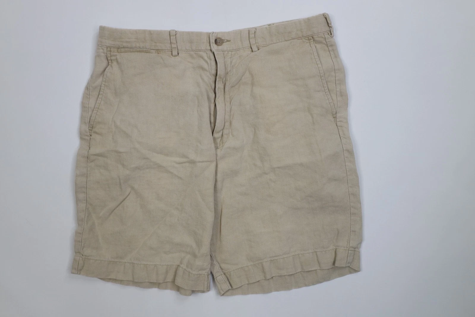 Vintage 90s Ralph Lauren Mens 34 Distressed Linen Above Knee Chino Shorts Beige