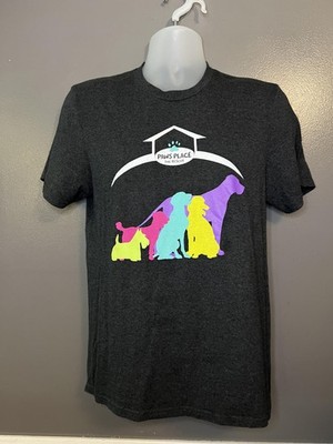 Paws Place Dog Rescue Shirt Mens Medium Gray Graphic Colorful Tee Animal Shelter