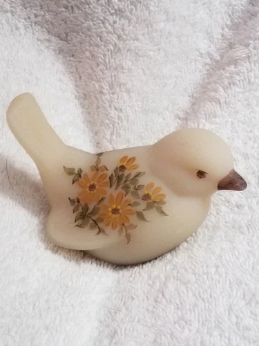 Bird Fenton Custard Satin Glass Hand Painted Floral Yellow Flowers K. Brunny