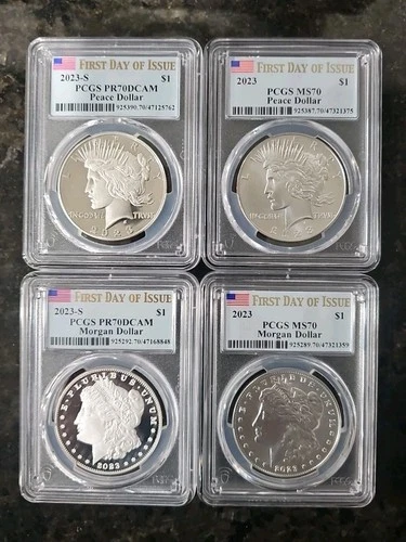 4-Coins Set 2023 Morgan and Peace Silver Dollar MS70/PR70 First Day of Issue