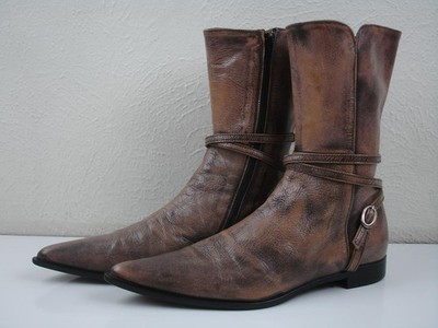 Women's 7.5 8 sz 38 Ixos Boots Beige Black Pointed Toe Ankle Boots Harness Strap