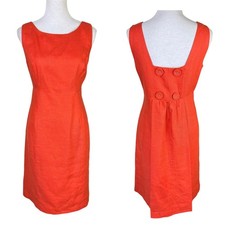 Talbots Dark Orange Irish Linen Back Button Pleated Sleeveless Shift Dress