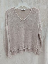 LOFT Outlet V-Neck Ruffle Hem Sweater Size S Pink Beige