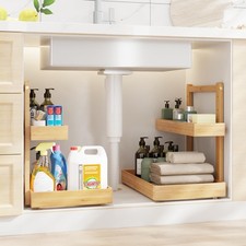 Bamboo Under Sink Organizer and Storage, 2 Tier Pull Out 2 Packs, Nature