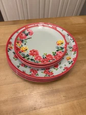 LAURA ASHLEY Melamine Pink & Yellow Roses 11" Dinner Plates 7.5” Salad 8PC