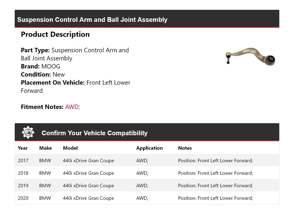 Conjunto de rótula brazo de control MOOG para BMW 440i xDrive Gran Coupé 2017-2020 Foto 2 de 4