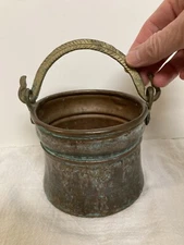 Vtg Solid Copper w/Brass handles Container Pot Planter Patina Verdigris 3.25"x4"