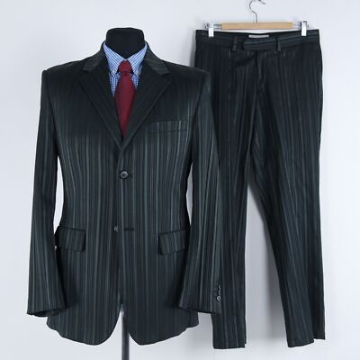 Mens Shiny Striped Suit 40L US Size Trousers W32 L31 CLOCKHOUSE Black 2 Piece