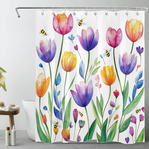 Juego de cortinas de ducha florales de tulipán púrpura hojas verdes planta abeja para decoración de baño - Imagen 21 de 23