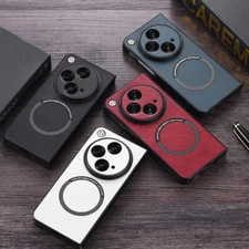 For OnePlus Open Red Thin Luxury Plain Leather Magsafe Shockproof Phone Case