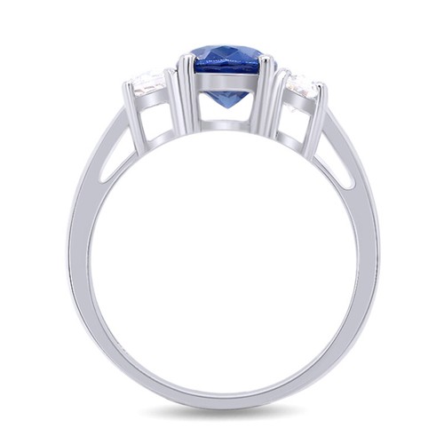 2.24 Ct Three Stone Ring Sapphire & Simulated Diamond 14K White Gold - Picture 5 of 6