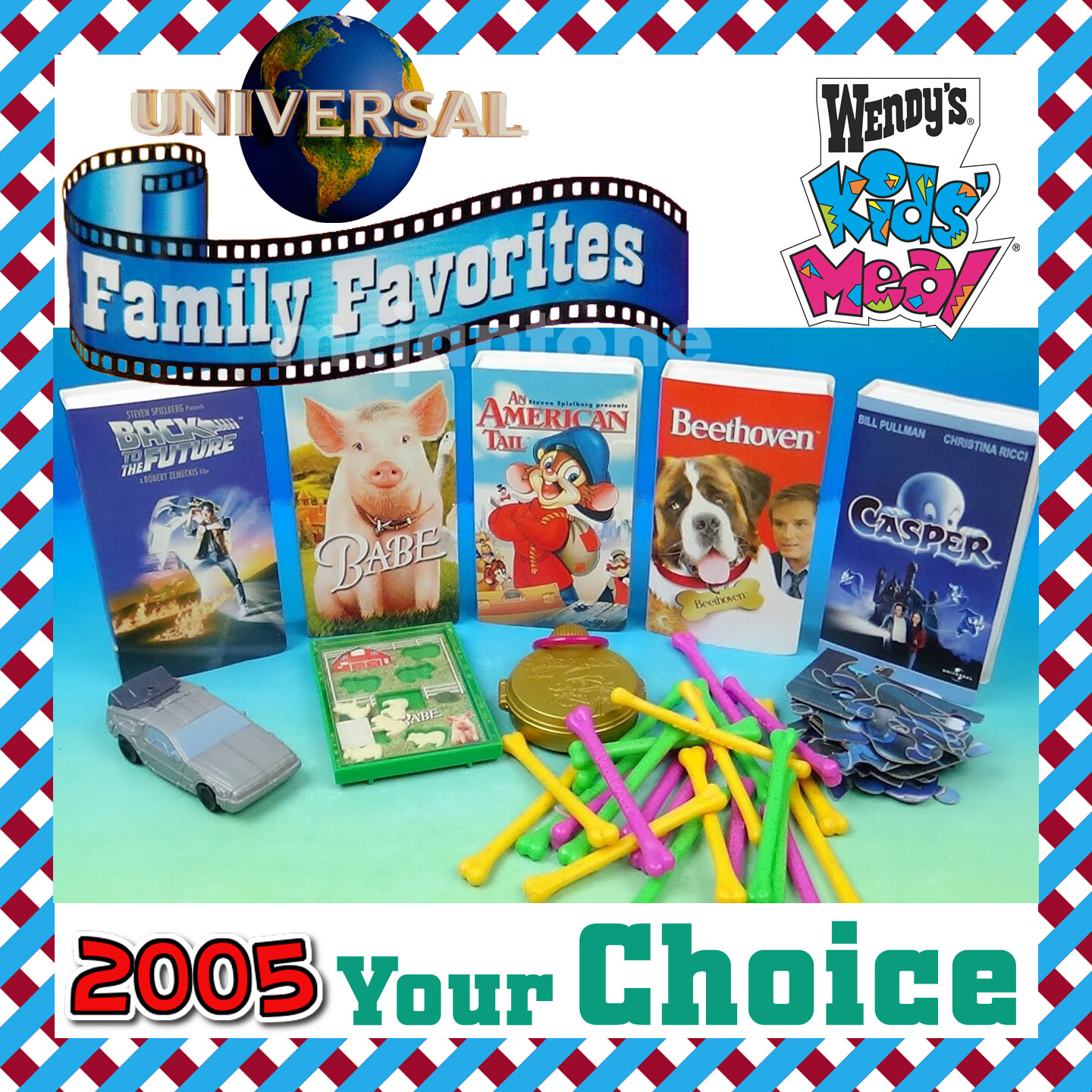 Wendy's 2005 UNIVERSAL FAMILY FAVORITES VHS Babe CASPER DeLorean YOUR Toy CHOICE