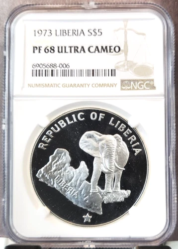1973 LIBERIA SILVER 5 DOLLARS AFRICAN ELEPHANT NGC PF 68 ULTRA CAMEO SCARCE