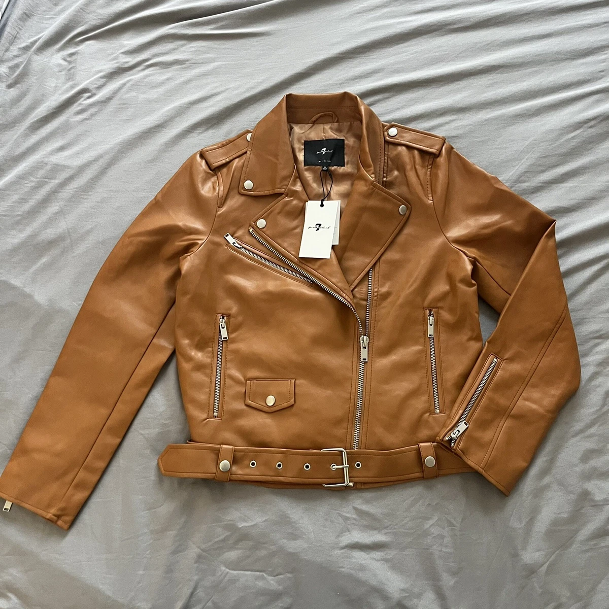 Tan vegan leather jacket sale