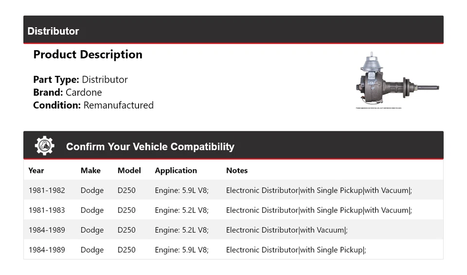 Para Dodge D250 1981-1989 Distribuidor Cardone 1982 1983 1984 1985 1986 1987 1988 Foto 2 de 4