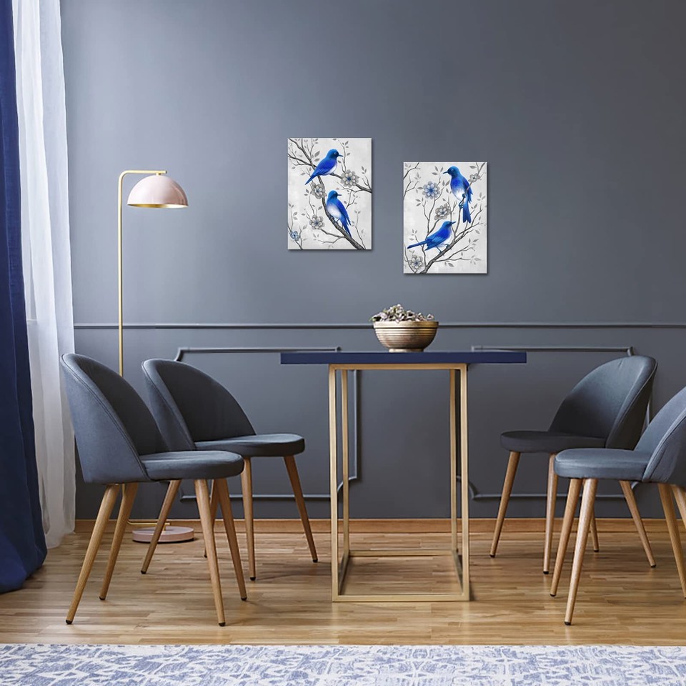 Blue Grey Pictures Wall Decor Blue Bird and Flower Canvas Art Prints