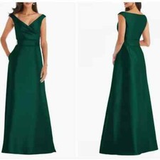 ALFRED SUNG D811S Emerald Hunter Satin Off Shoulder A-Line Maxi Dress Gown 14 R