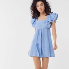 Urban Outfitters La Petite Poupée Tie-Back Frock Mini Dress Blue Stripe Small