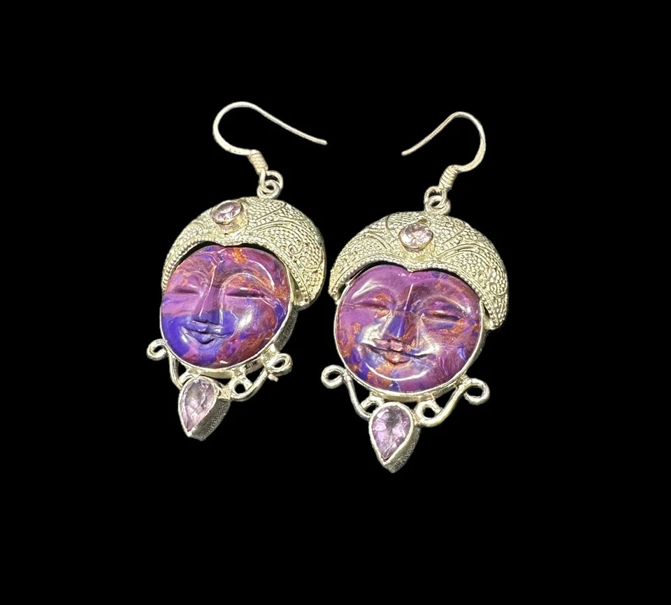 Silver Plate Bali Ethnic Gemstone Carved Face Earrings Amethyst Dangle Hook - Image 3 of 4