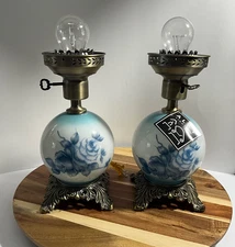 Vintage Reproduction Alsy Victorian Style 3-Way Parlor Lamp Pair Blue Floral