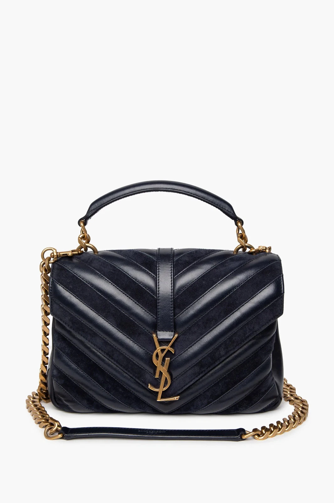 Saint Laurent — Saint Laurent Medium Navy Leather and Suede College Monogram Satchel
