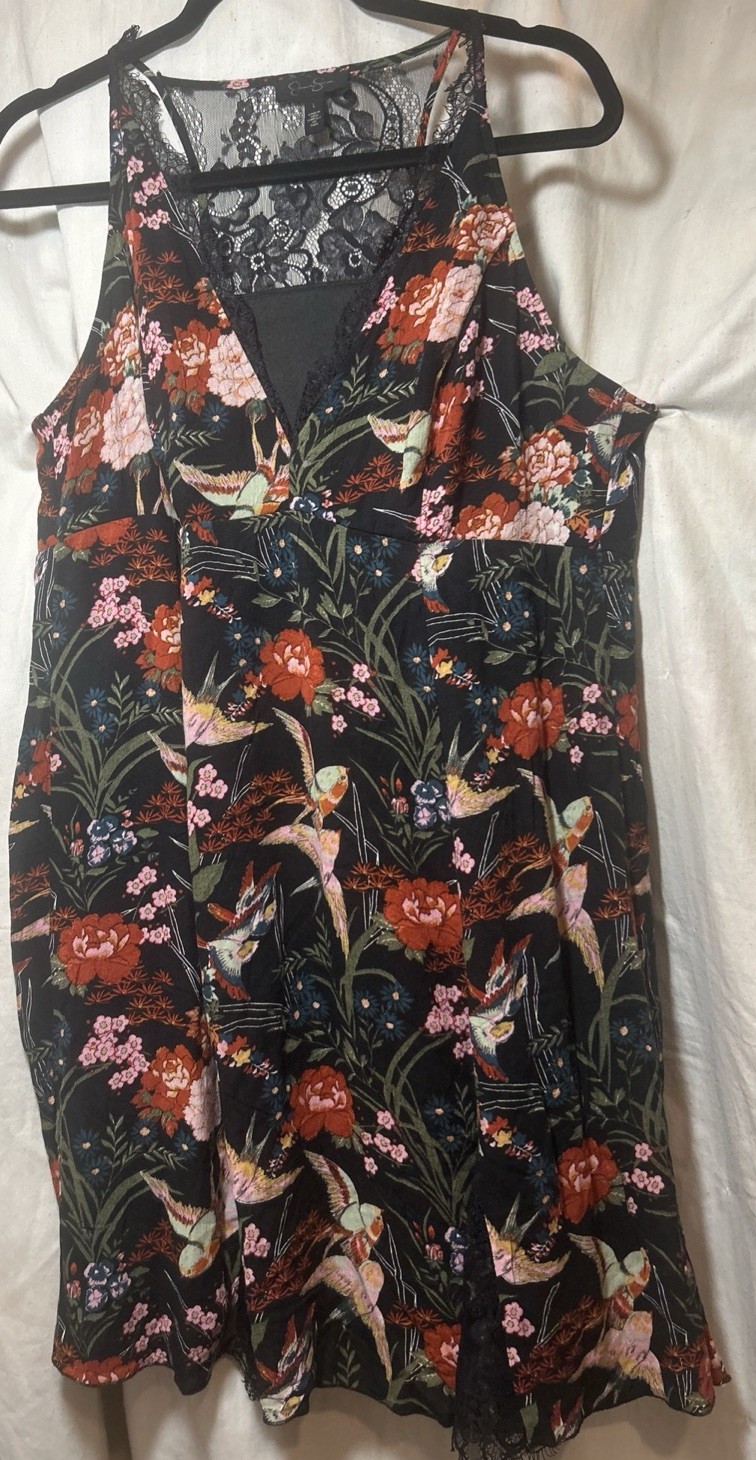 Sundress Racerback Mini Dress  Lace Sz L Floral Bird Black Whimsigoth Mythical-image