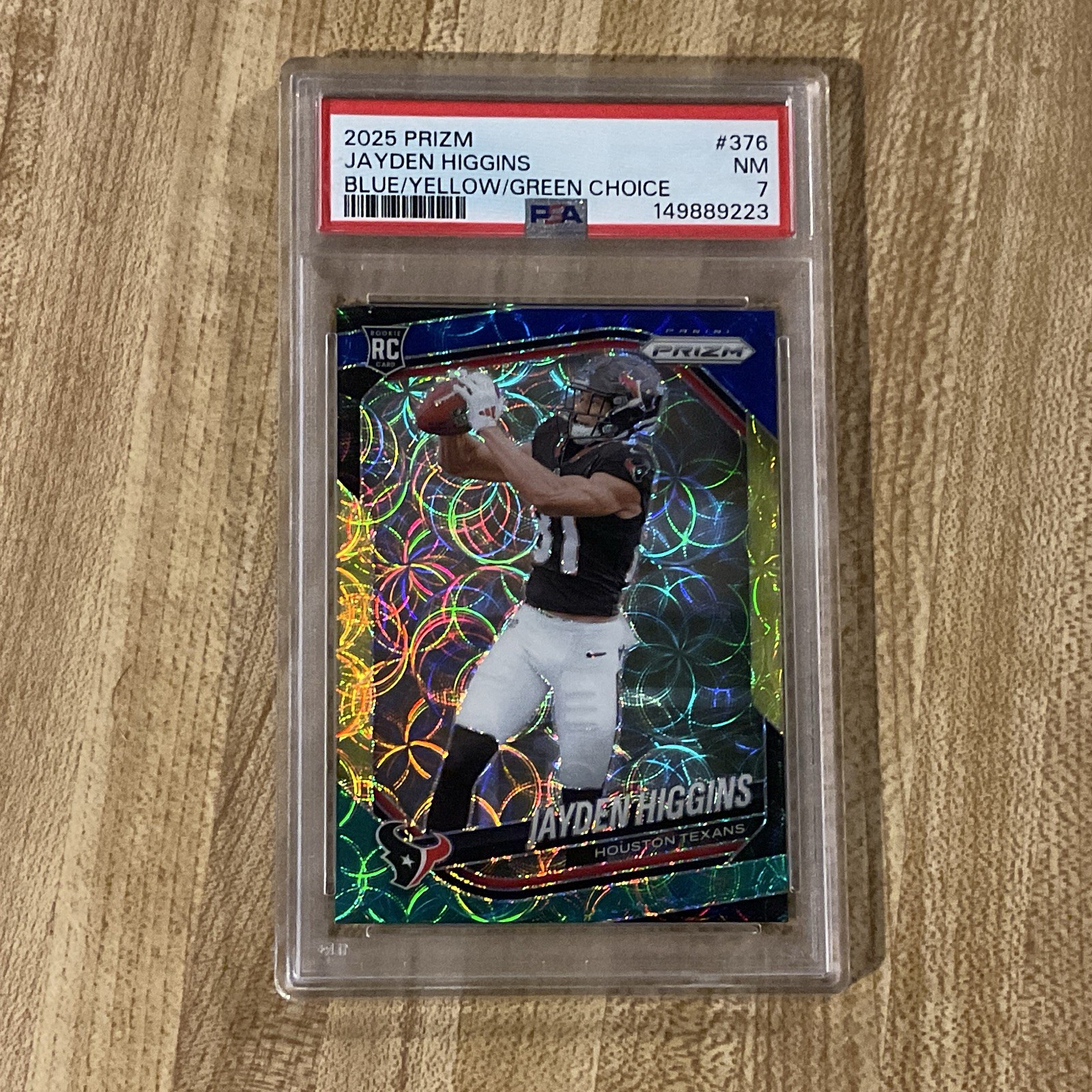 Panini 2025 Prizm Jayden Higgins Texans #376 Blue/Yellow/Green Choice RC PSA 7