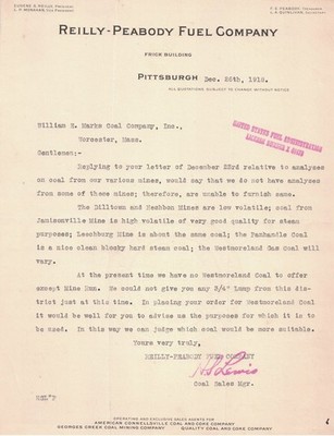 1918 Reilly-Peabody Fuel Company Letter Pittsburgh Coal Industry Ephemera