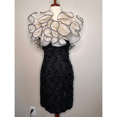 1980s Sequin Glam Lace Frilly Chiffon Bold Maximalist Cocktail Prom Hoco Dress S