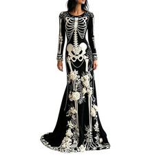 Gothic Skeleton Print Long Sleeve Dress for Women - Spooky Halloween Fashion