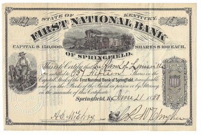 1881? Springfield KY ~ First National Bank Stock Certificate ~ Train, Steamboat