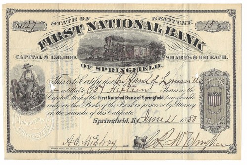 1881? Springfield KY ~ First National Bank Stock Certificate ~ Train, Steamboat