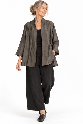 Eileen Fisher, Eileen Fisher PL Petite L 100% Silk Open Front Jacket Gray Textured Lagenlook