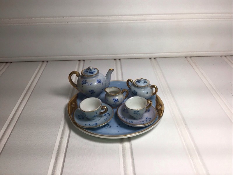 Vintage Miniature Dollhouse Size Blue Floral Tea Service Occupied Japan