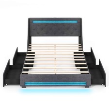 Queen Size Bed Frame w/ LED Lights  Charging Station Upholstered Platform Bed