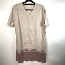 Pou Nou 100% Linen Shirt Dress Women’s Size Large Tan Red Beach Pockets