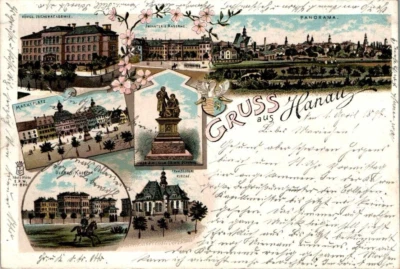 LITHO GRUSS AUS HANAU MAIN KINZIG KREIS INF + ULANEN KASERNE ACADEMIE 7BILD 1897 - Bild 1 von 2