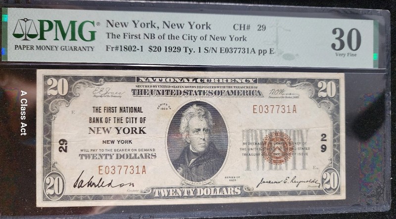 $20 1929 New York NY National Currency Bank Note Bill Fr 1802-1 PMG 30 VF t5456