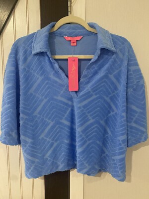 NEW Size Large Lilly Pulitzer Belleview Short Sleeve Terry Boca Blue Zig Zag Top