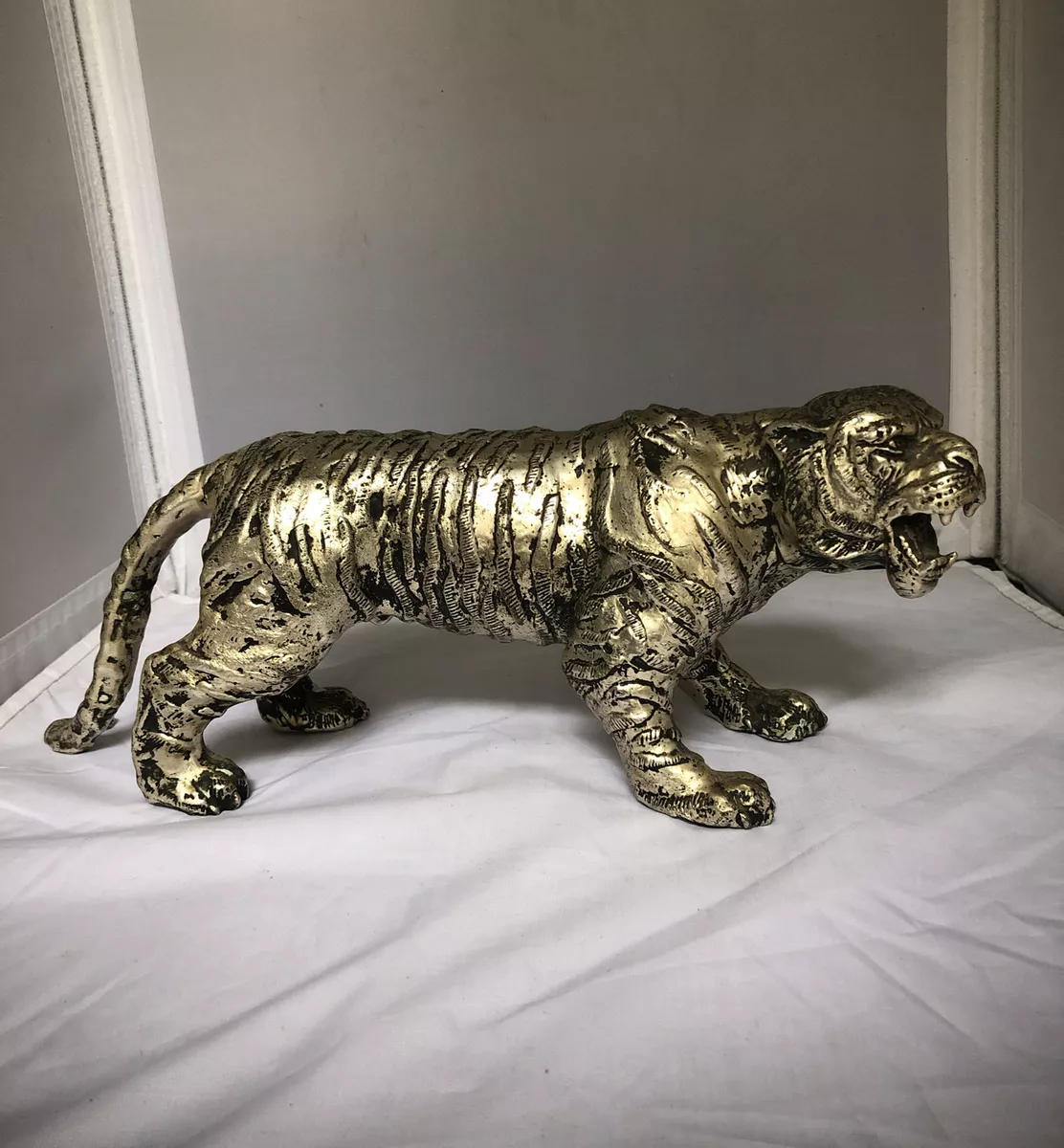 VINTAGE GOLD SILVER METAL BENGAL TIGER SCULPTURE STATUE HEAVY FIGURE